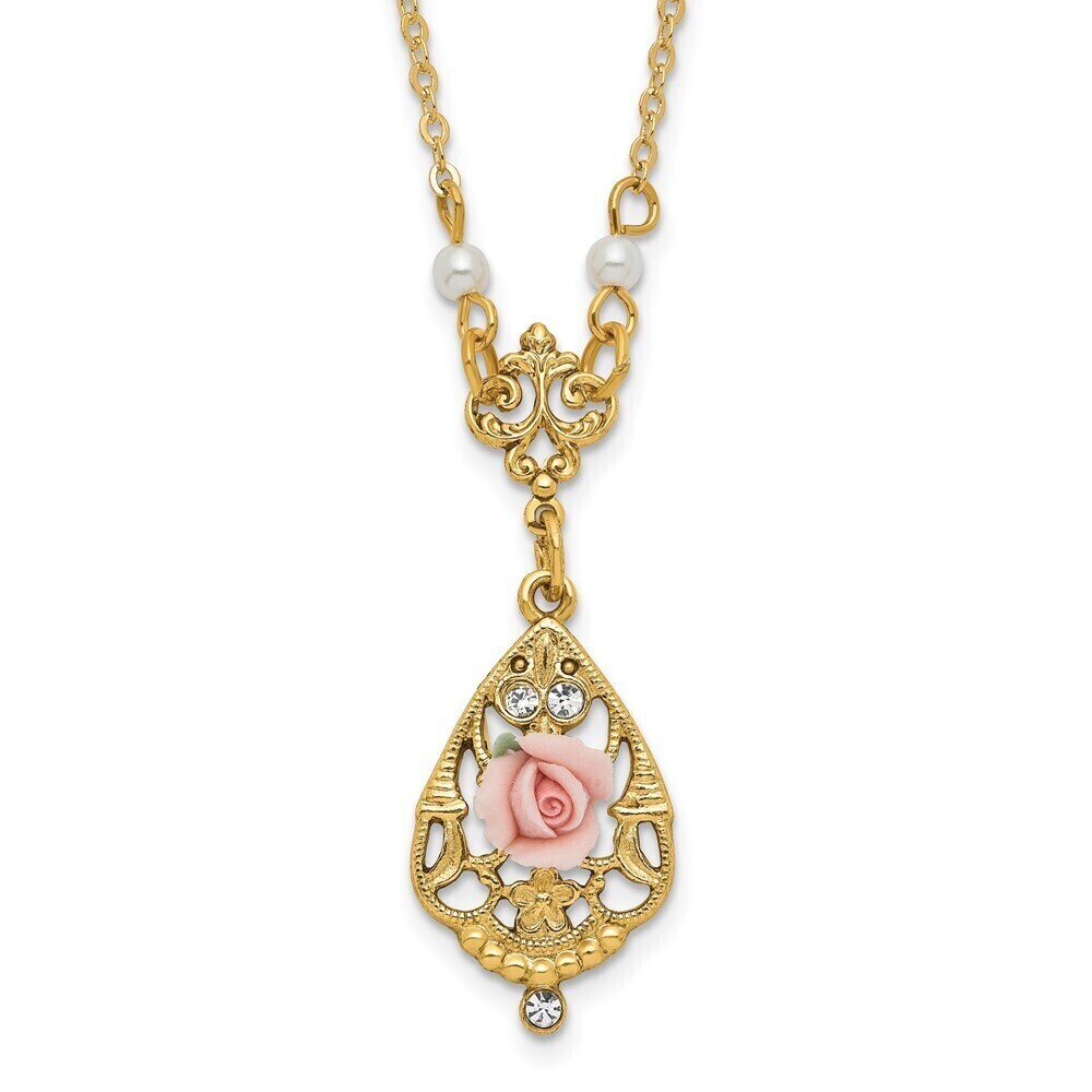 1928 Imitation Pearl Pink Porcelain Rose Crystal Filigree Teardrop 17" Necklace